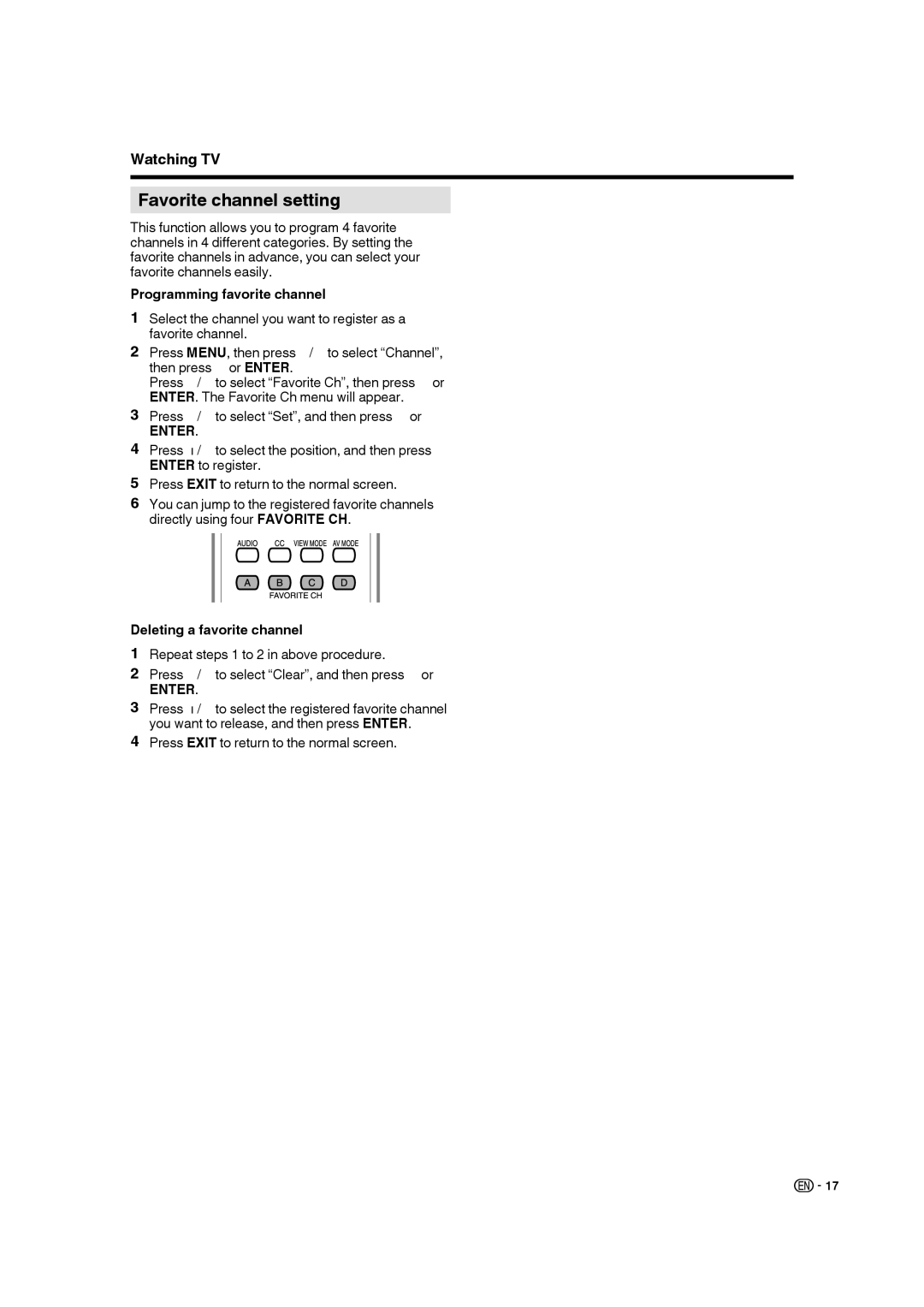 Sharp LC 26SB27UT operation manual Favorite channel setting, Programming favorite channel, Deleting a favorite channel 