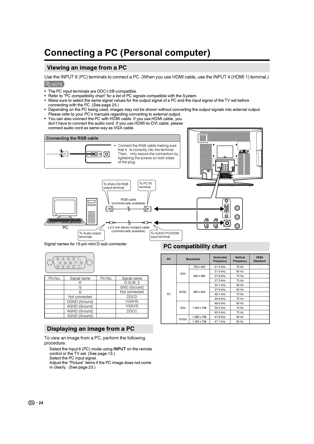 Sharp LC 26SB27UT Connecting a PC Personal computer, Viewing an image from a PC, Displaying an image from a PC 