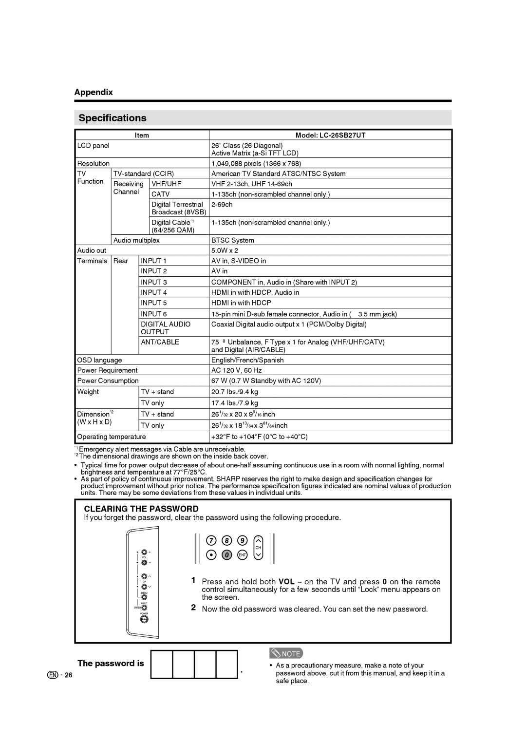 Sharp LC 26SB27UT operation manual Specifications, Model LC-26SB27UT 