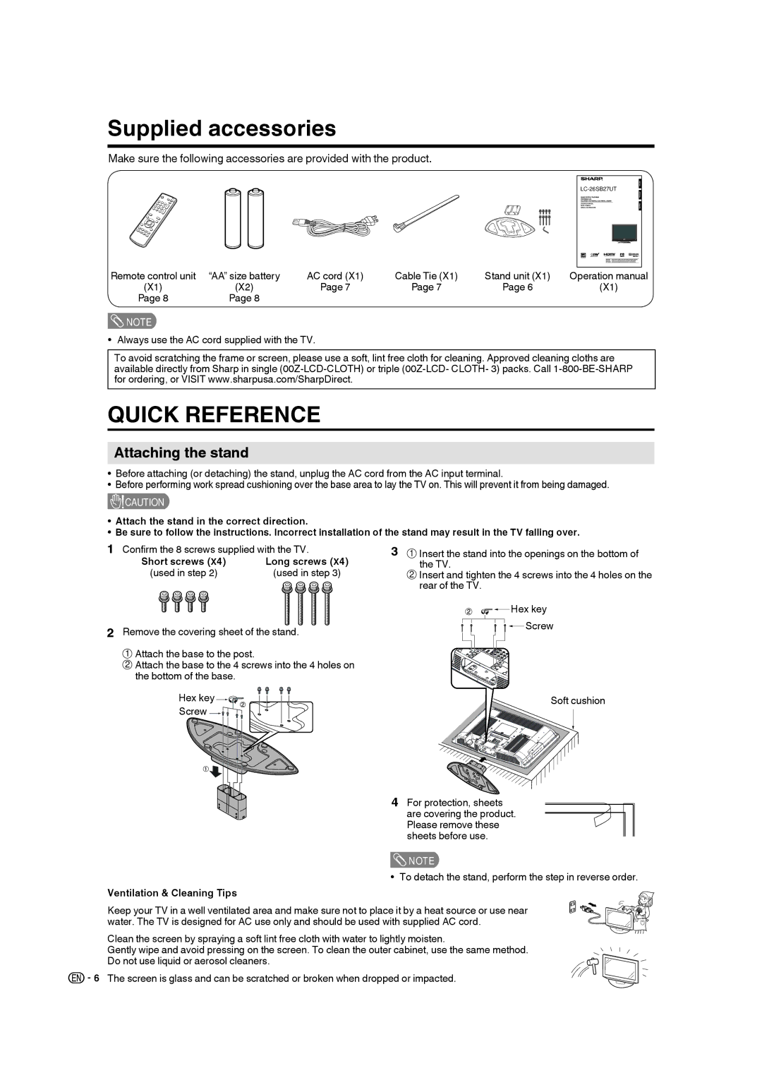 Sharp LC 26SB27UT operation manual Supplied accessories, Attaching the stand, Short screws Long screws Used in step 