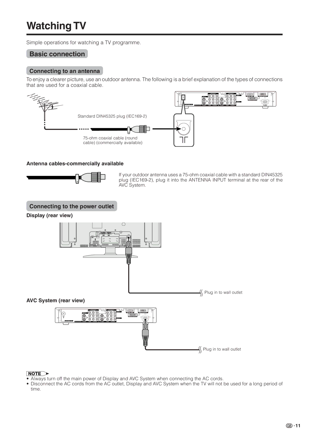 Sharp LC-30HV2M operation manual Watching TV, Basic connection, Connecting to an antenna, Connecting to the power outlet 