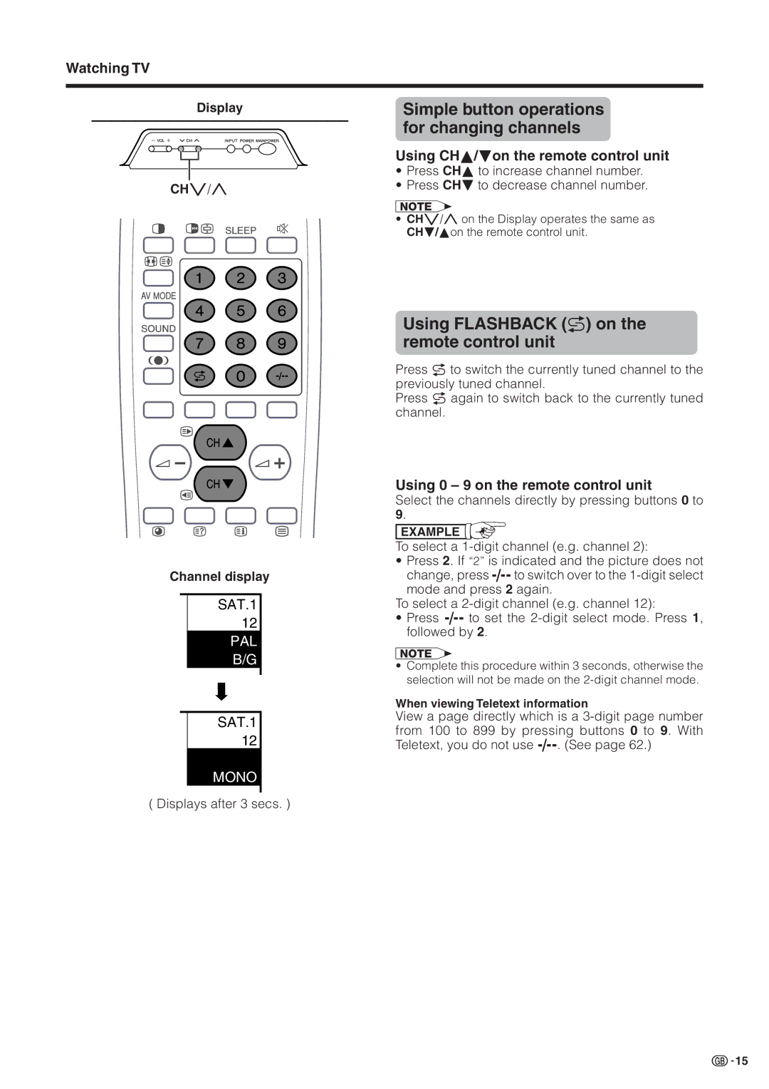 Sharp LC-30HV2M Simple button operations for changing channels, Using Flashback a on the remote control unit 