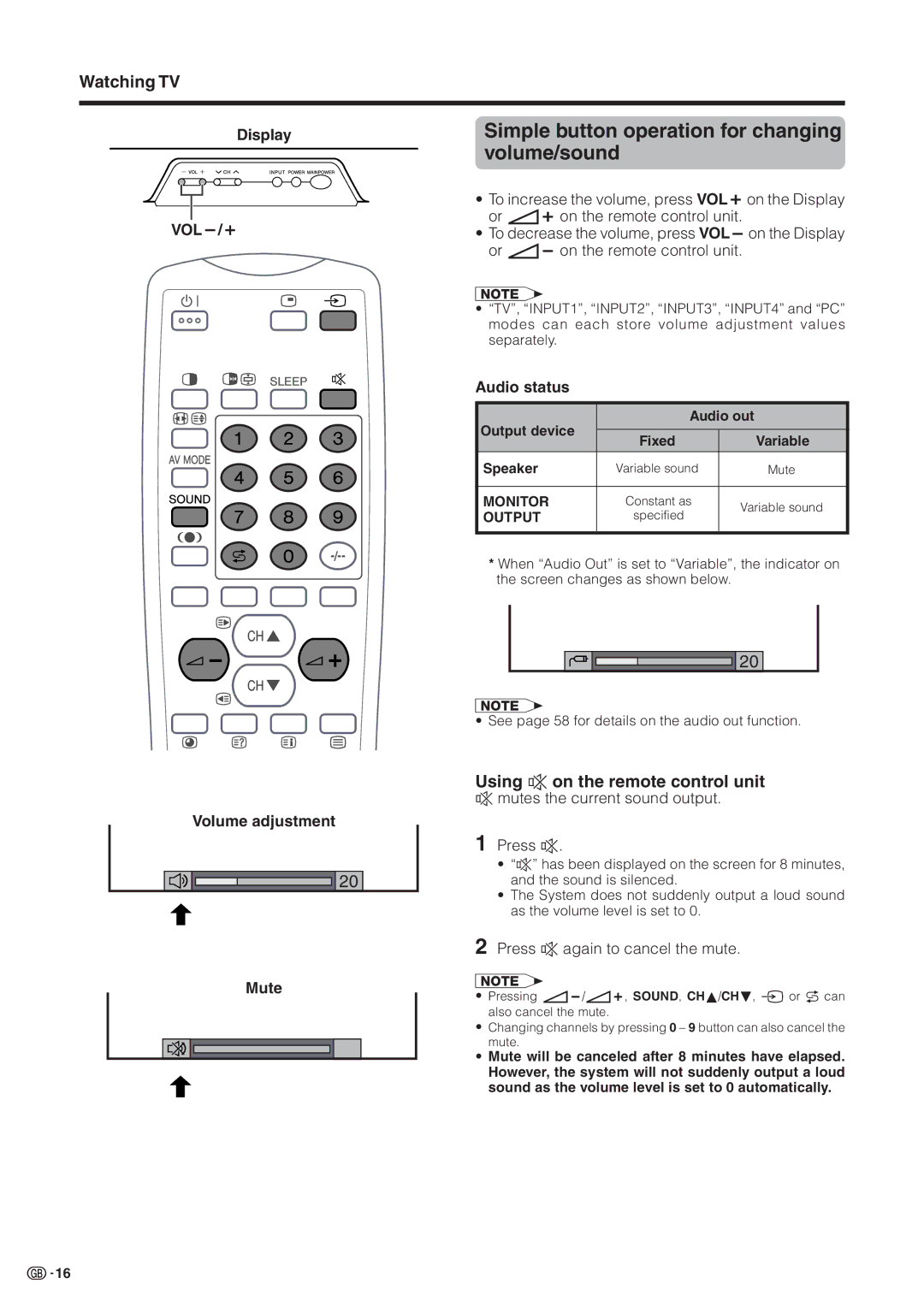 Sharp LC-30HV2M Simple button operation for changing volume/sound, Using e on the remote control unit, Audio status 