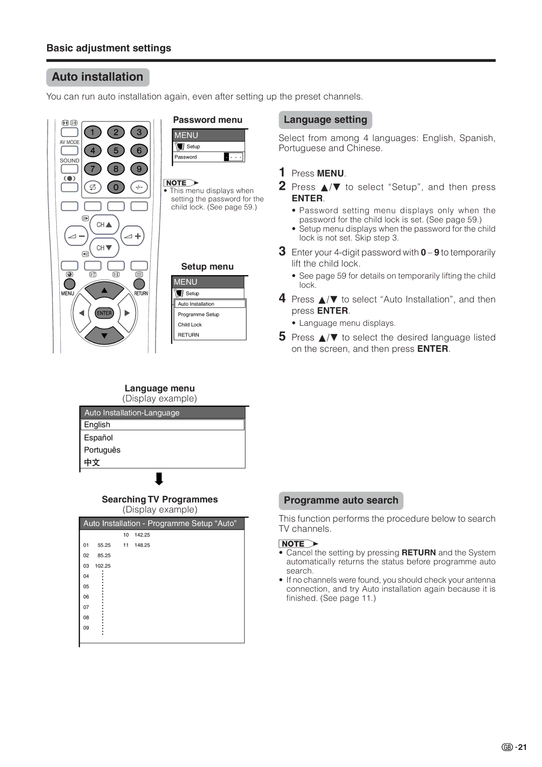 Sharp LC-30HV2M operation manual Auto installation, Language setting, Programme auto search 