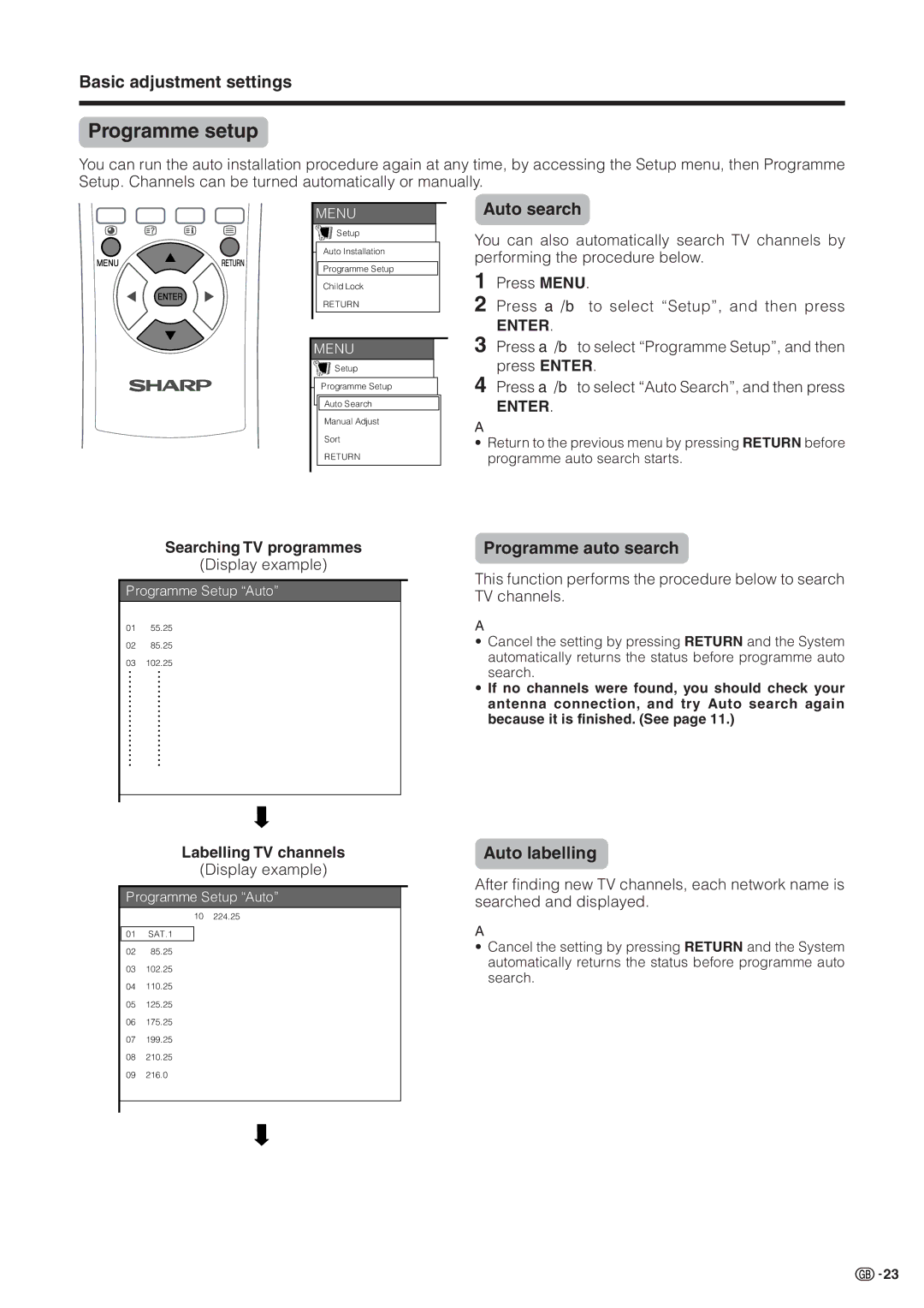 Sharp LC-30HV2M operation manual Programme setup, Auto search 