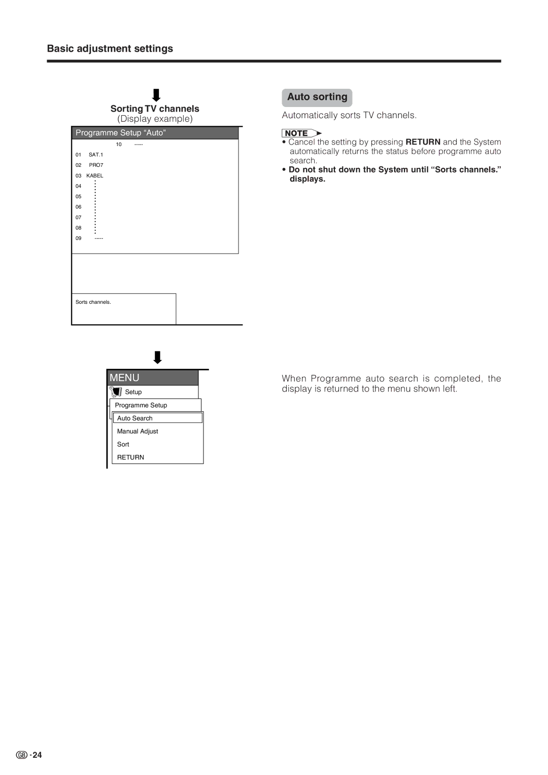 Sharp LC-30HV2M operation manual Do not shut down the System until Sorts channels. displays 