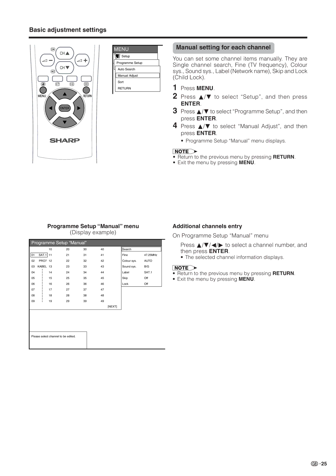 Sharp LC-30HV2M Manual setting for each channel, Programme Setup Manual menu, Additional channels entry, Then press Enter 