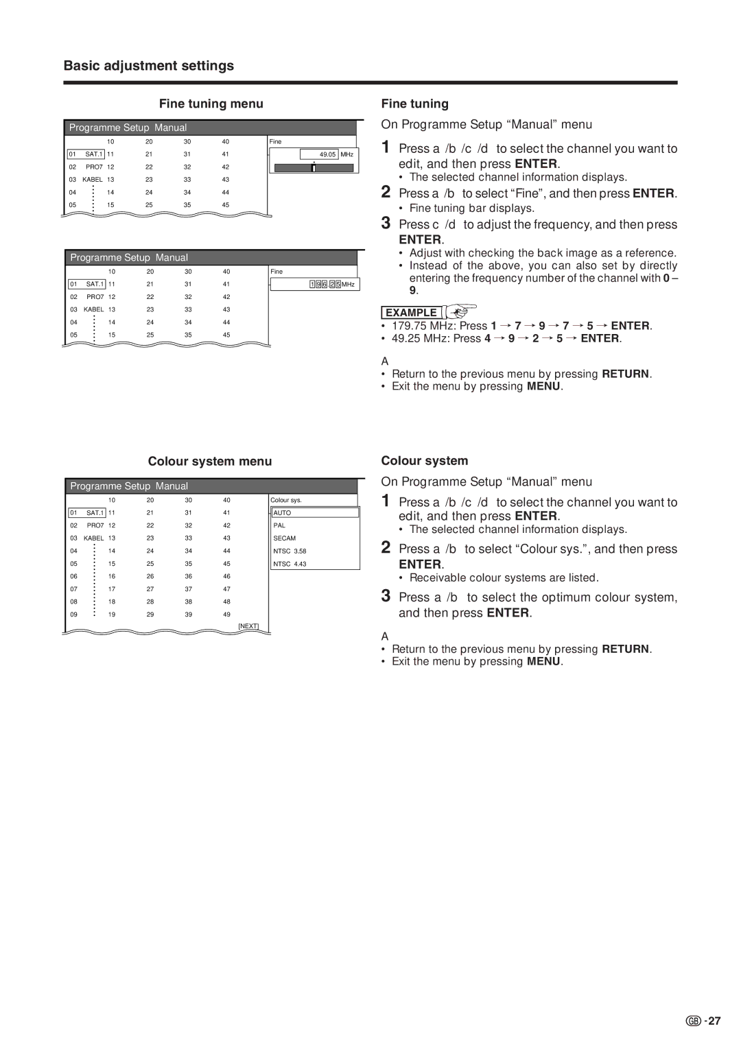 Sharp LC-30HV2M operation manual Fine tuning menu, Colour system menu 