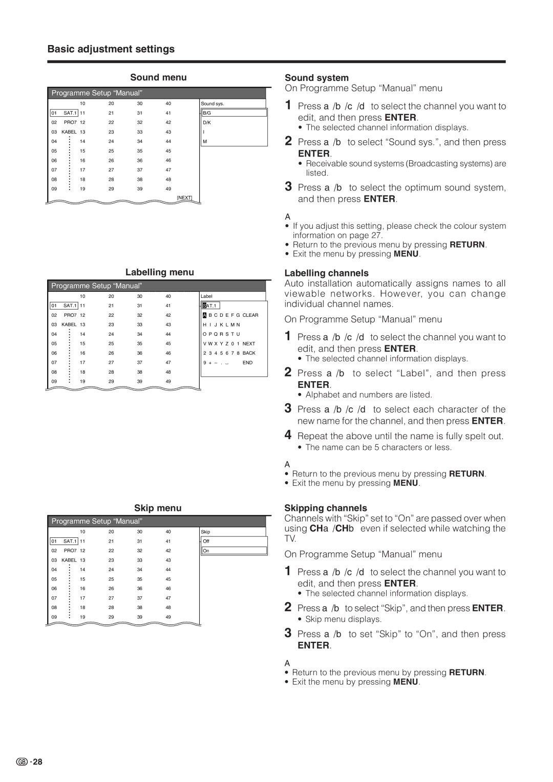 Sharp LC-30HV2M operation manual Sound menu, Sound system, Labelling menu, Labelling channels, Skip menu, Skipping channels 