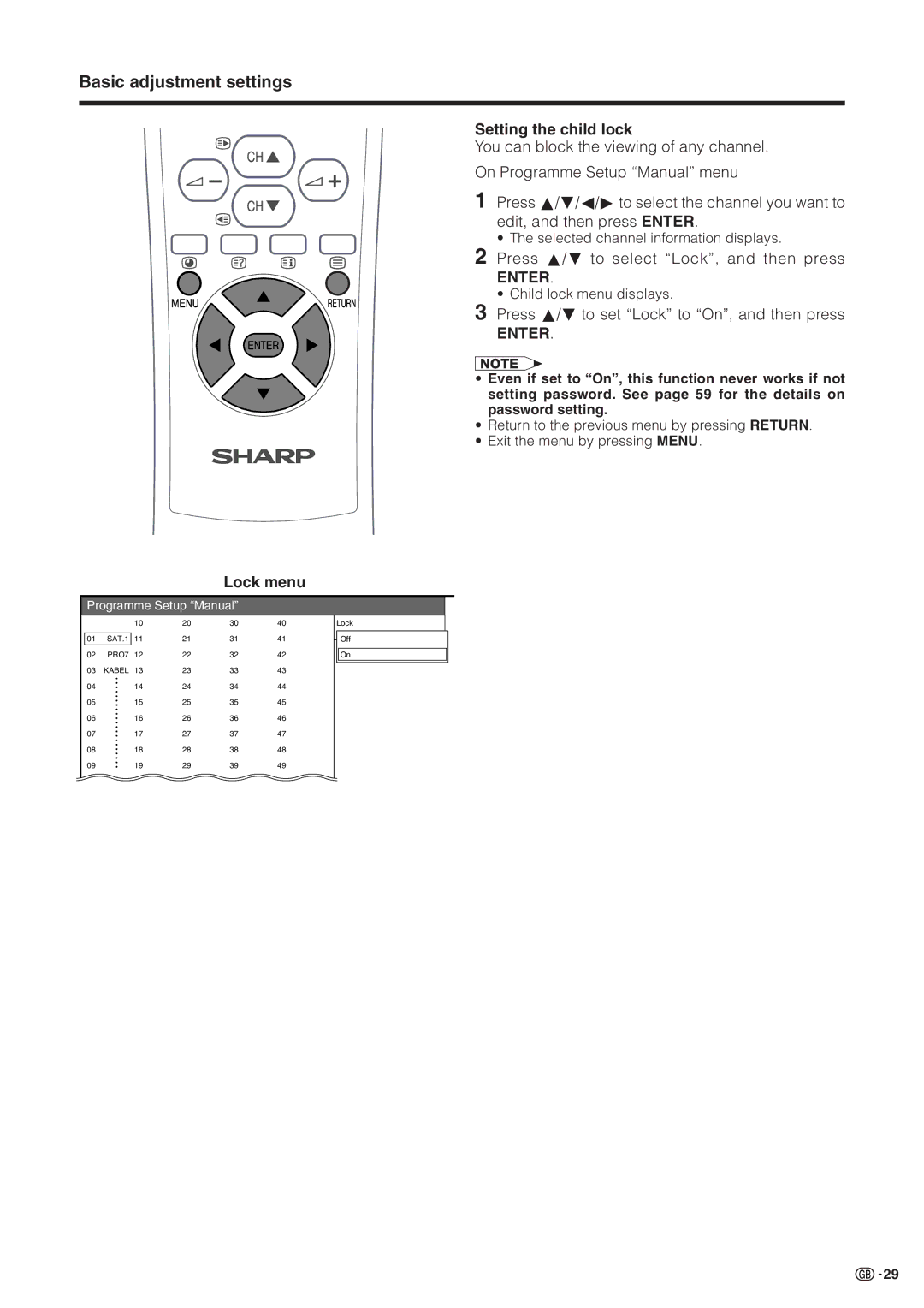 Sharp LC-30HV2M operation manual Setting the child lock, Press a/bto select Lock, and then press, Lock menu 