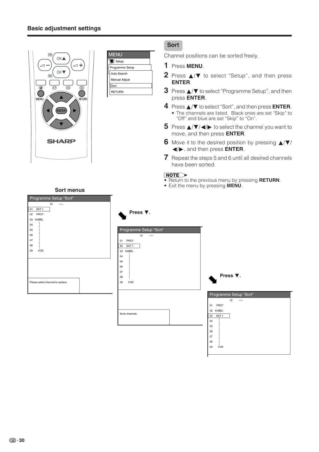 Sharp LC-30HV2M operation manual Basic adjustment settings Sort, Sort menus, Press b 