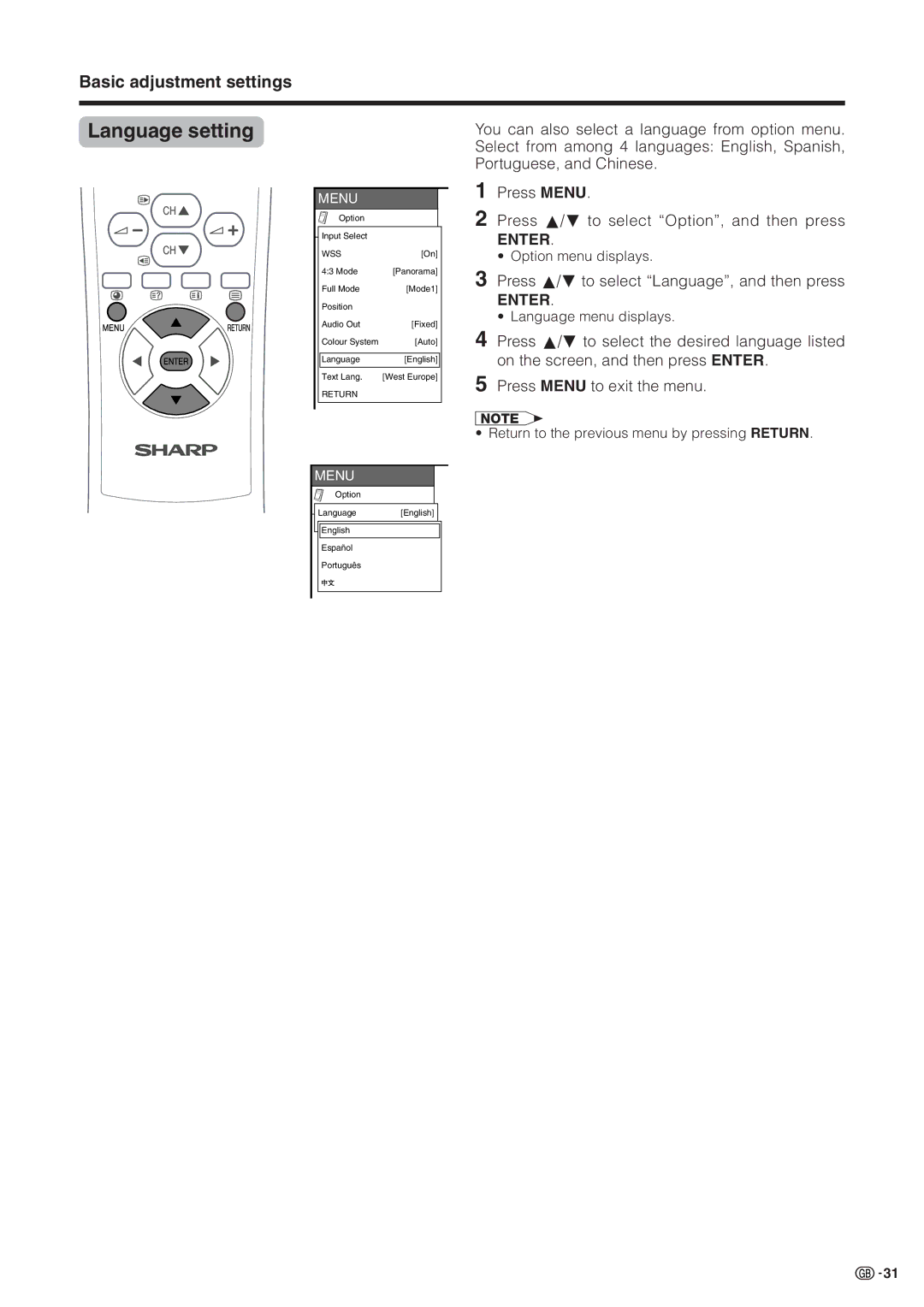 Sharp LC-30HV2M operation manual Language setting, Press a/bto select Language, and then press 