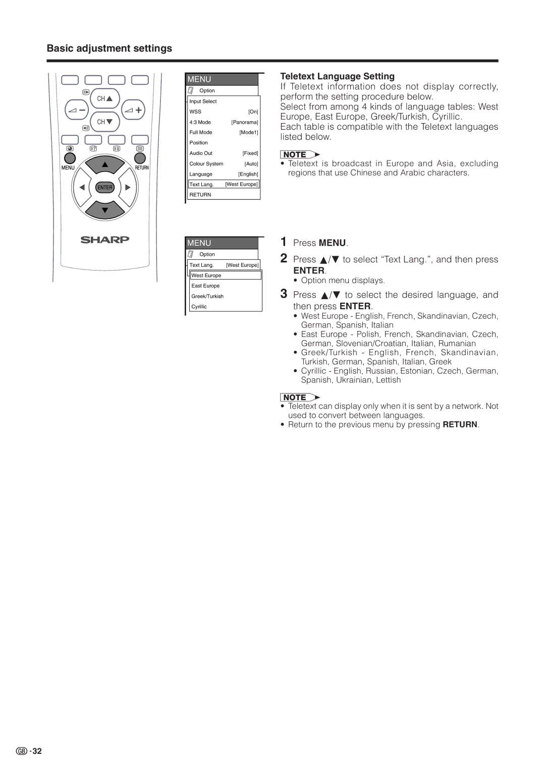 Sharp LC-30HV2M operation manual Teletext Language Setting, Press Menu Press a/bto select Text Lang., and then press 