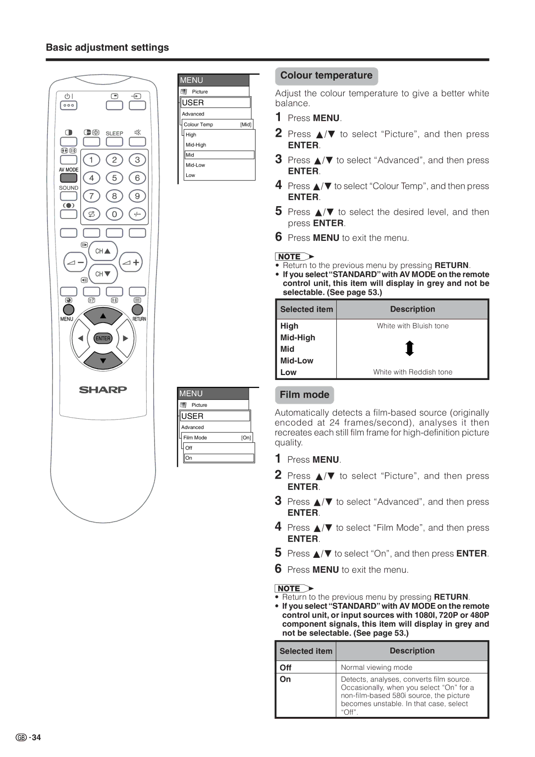 Sharp LC-30HV2M operation manual Colour temperature, Film mode, Press a/bto select Advanced, and then press 