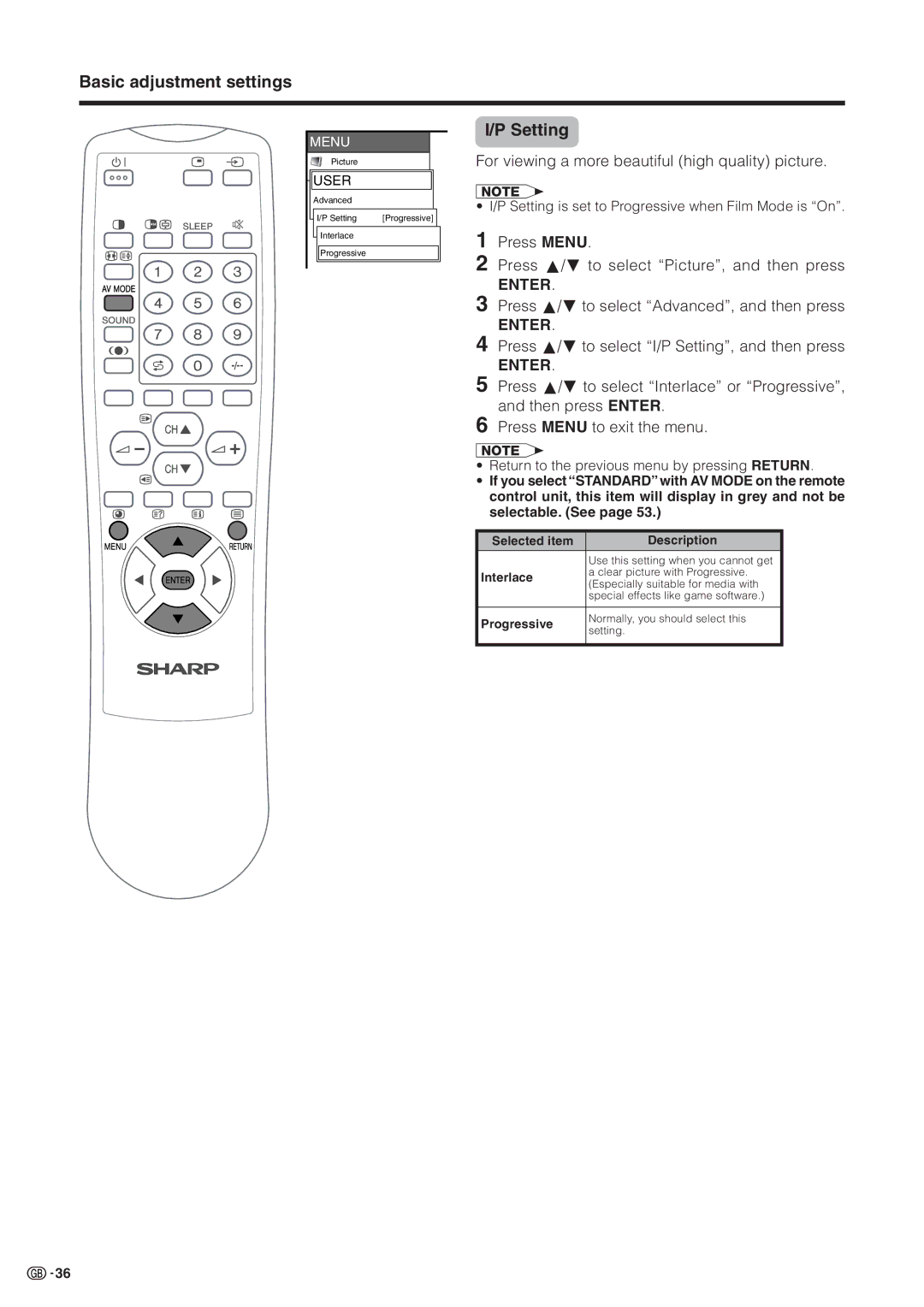 Sharp LC-30HV2M For viewing a more beautiful high quality picture, Press a/bto select I/P Setting, and then press 