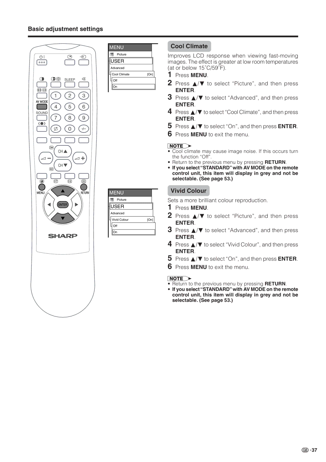 Sharp LC-30HV2M operation manual Vivid Colour, Press a/bto select Cool Climate, and then press 