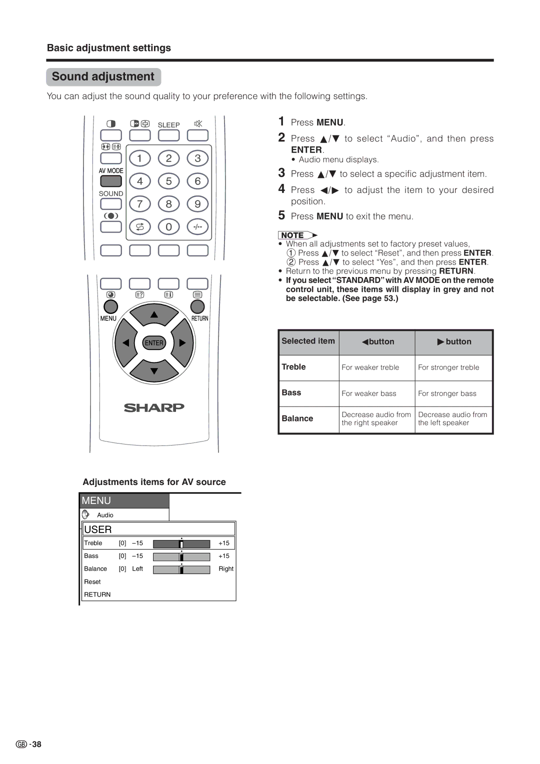 Sharp LC-30HV2M operation manual Sound adjustment, Bass, Balance 