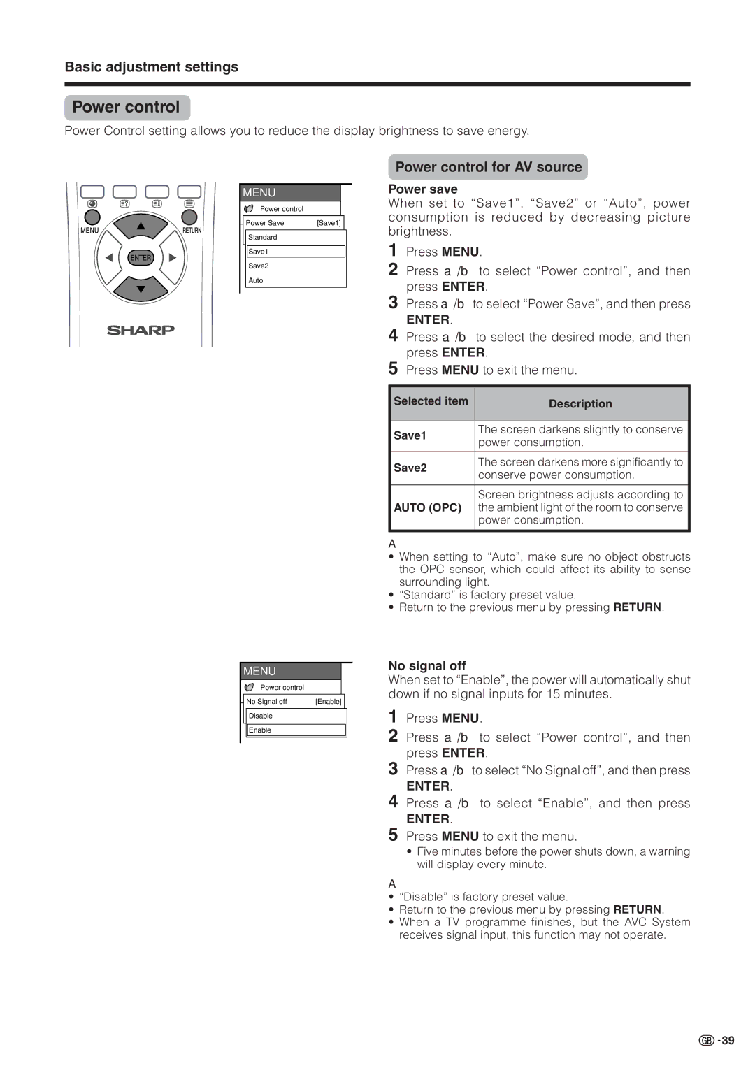 Sharp LC-30HV2M Power control for AV source, Power save, No signal off, Press a/bto select Enable, and then press 