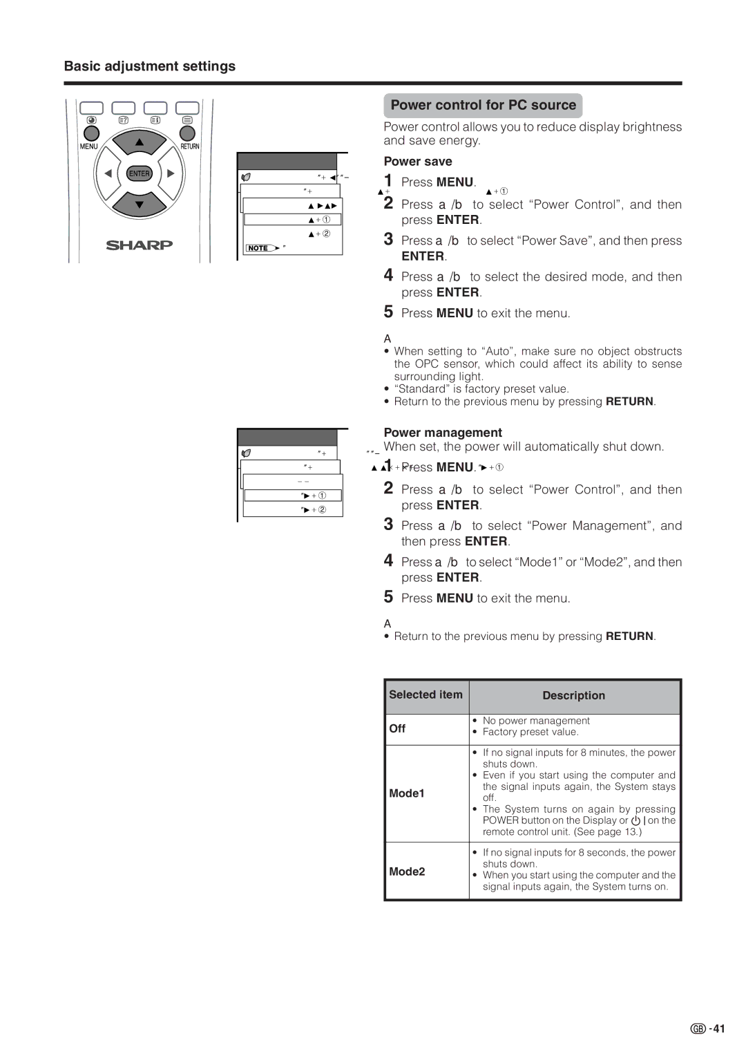 Sharp LC-30HV2M operation manual Power control for PC source, Power management, Selected item Description Off, Mode1, Mode2 