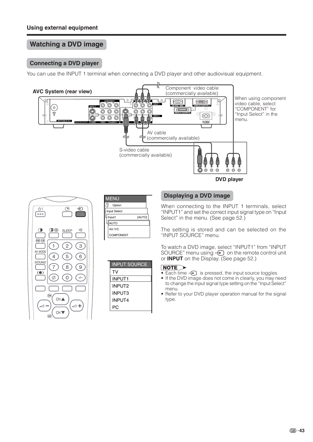 Sharp LC-30HV2M Watching a DVD image, Using external equipment, Connecting a DVD player, Displaying a DVD image 