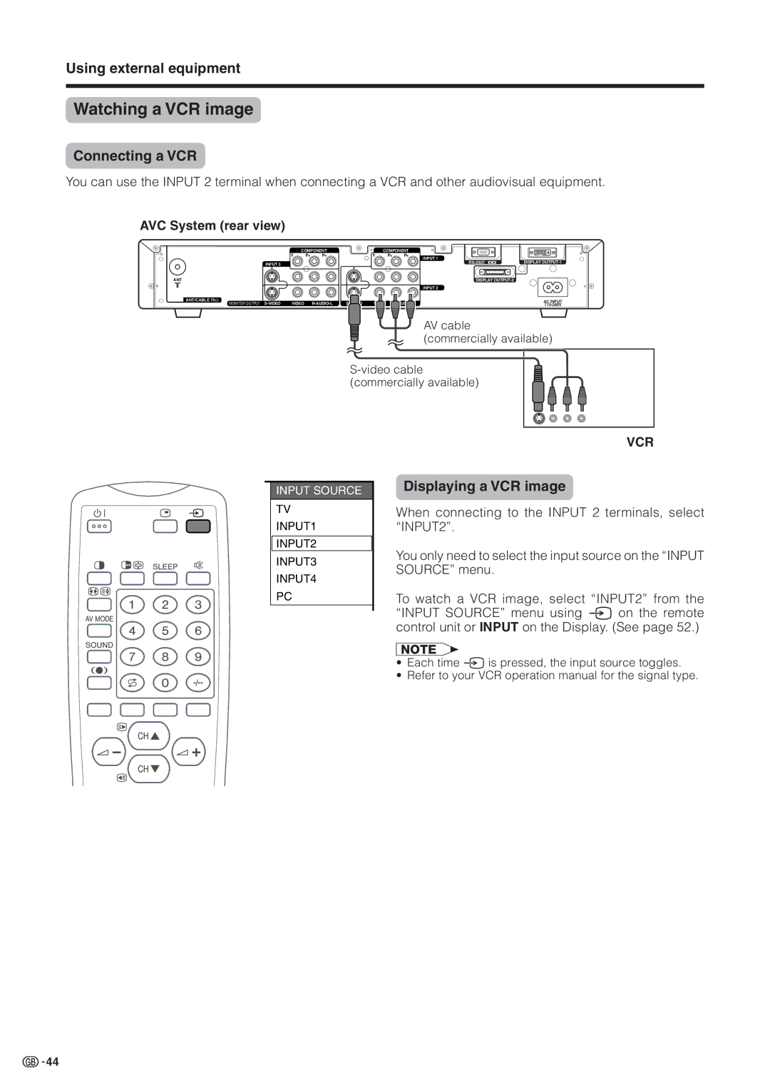 Sharp LC-30HV2M operation manual Watching a VCR image, Connecting a VCR, Displaying a VCR image 