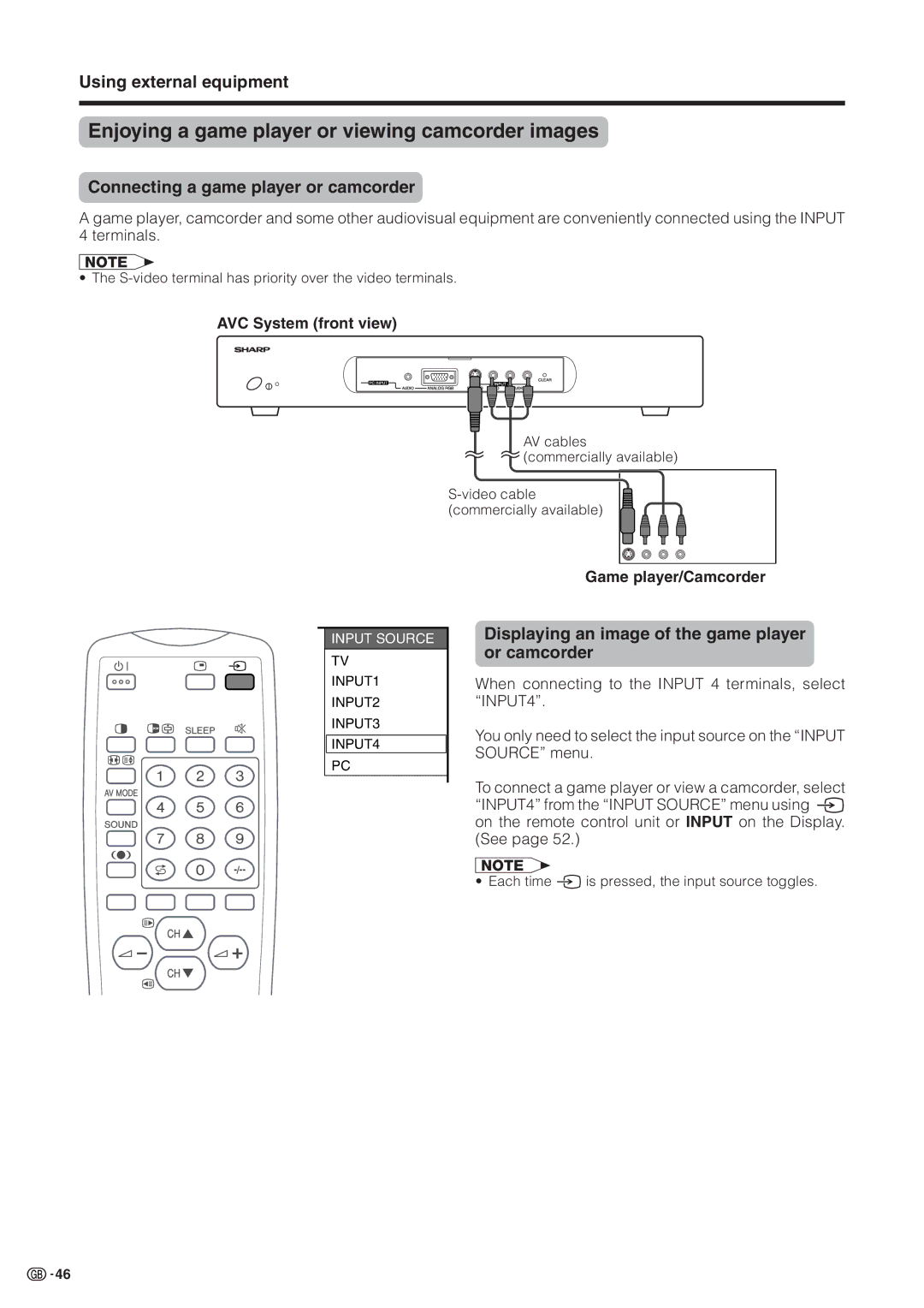 Sharp LC-30HV2M operation manual Enjoying a game player or viewing camcorder images, Connecting a game player or camcorder 