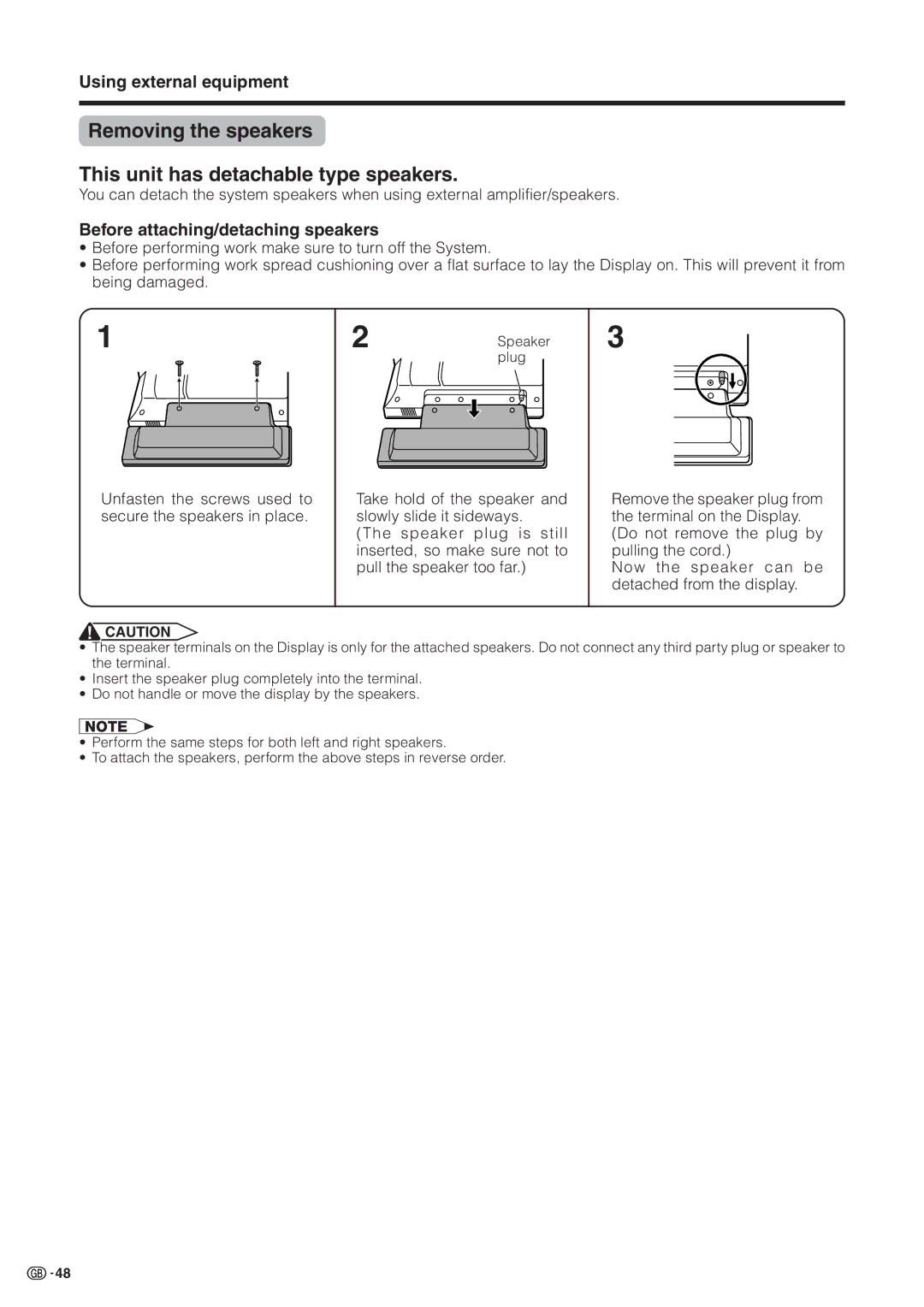 Sharp LC-30HV2M Removing the speakers This unit has detachable type speakers, Before attaching/detaching speakers 