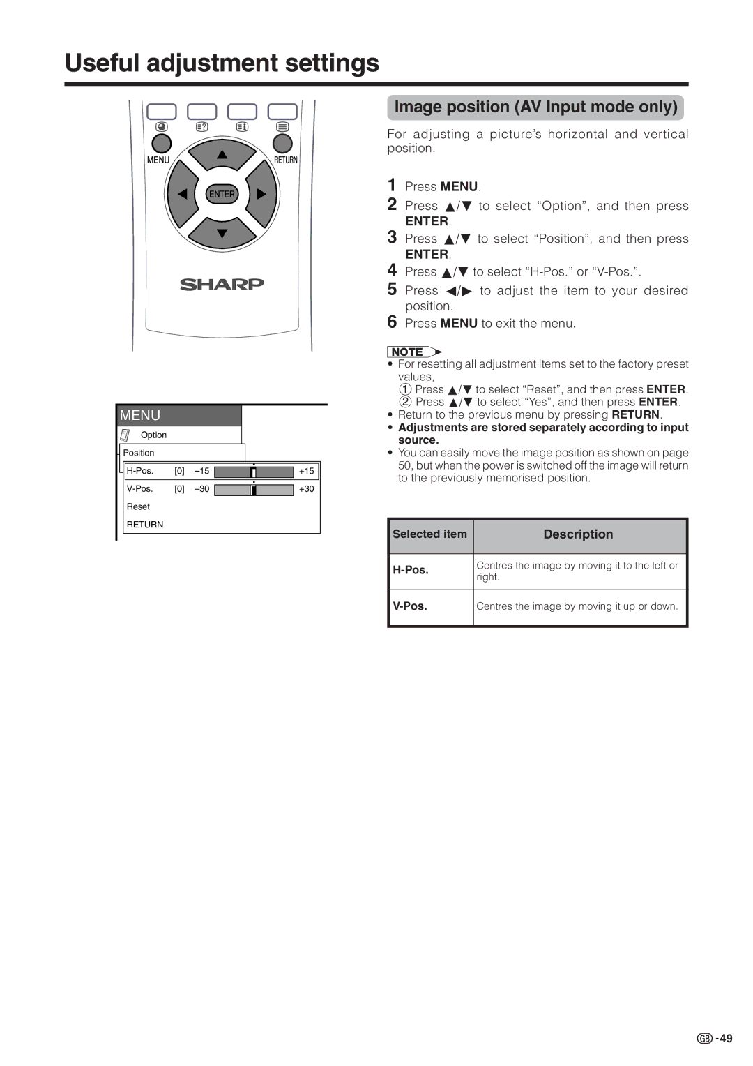 Sharp LC-30HV2M Useful adjustment settings, Image position AV Input mode only, Press a/bto select Position, and then press 