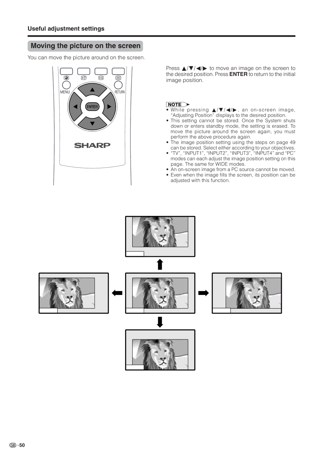 Sharp LC-30HV2M operation manual Moving the picture on the screen, Useful adjustment settings 