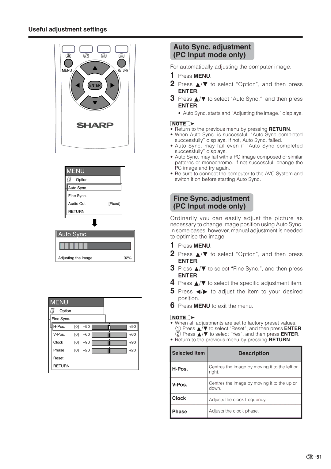 Sharp LC-30HV2M operation manual Auto Sync. adjustment PC Input mode only, Fine Sync. adjustment PC Input mode only 