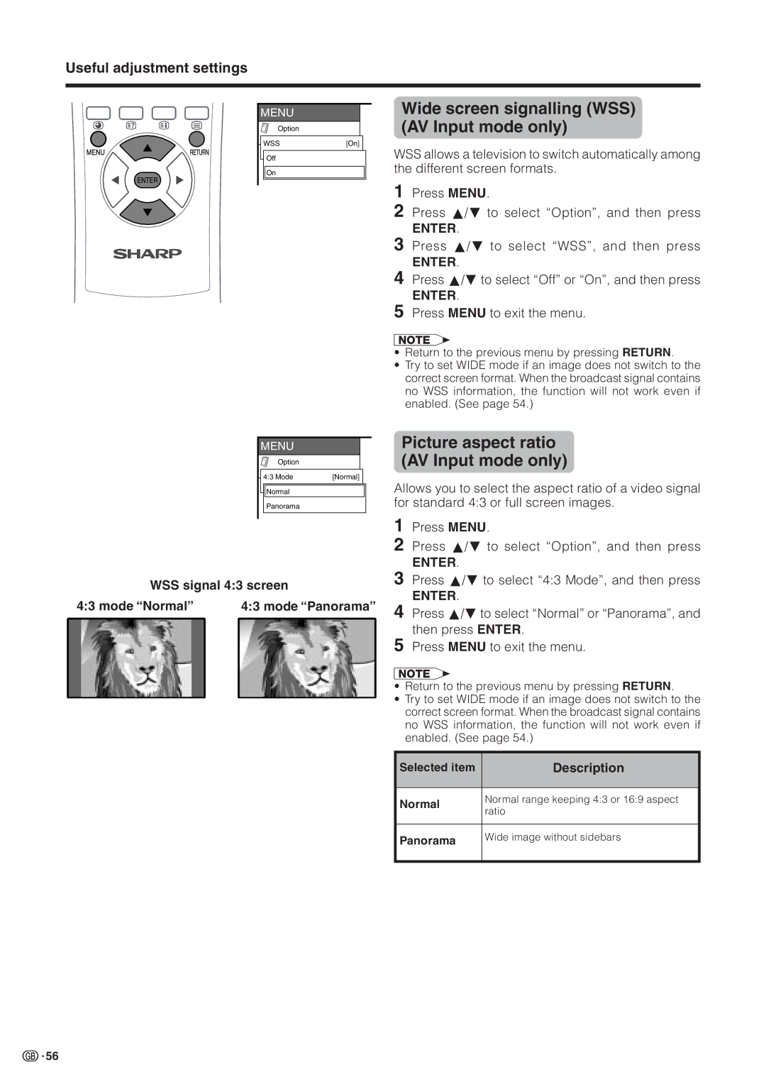 Sharp LC-30HV2M operation manual Wide screen signalling WSS AV Input mode only, Picture aspect ratio AV Input mode only 