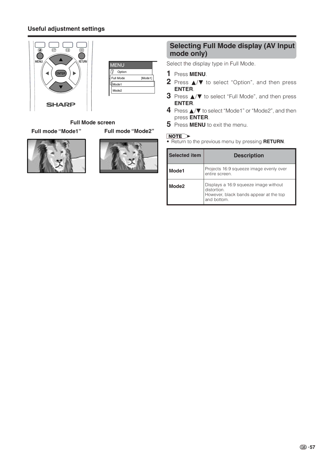 Sharp LC-30HV2M Selecting Full Mode display AV Input mode only, Full Mode screen Full mode Mode1, Full mode Mode2 
