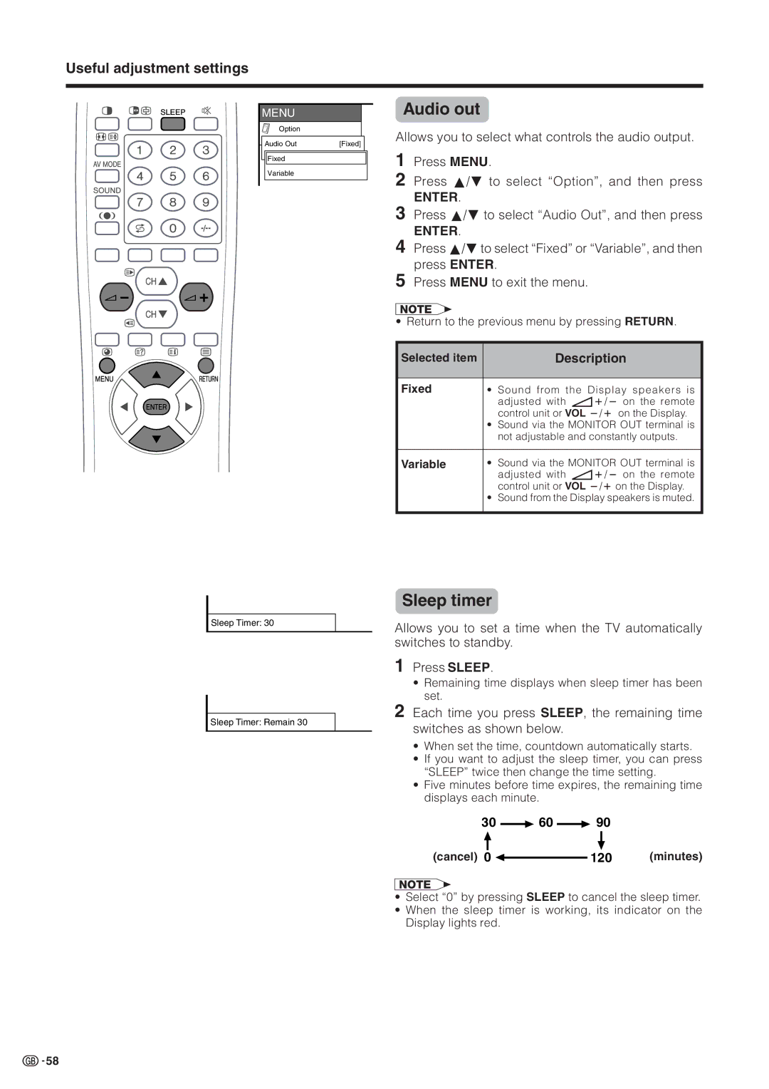 Sharp LC-30HV2M operation manual Audio out, Sleep timer, Press a/bto select Audio Out, and then press, 120 