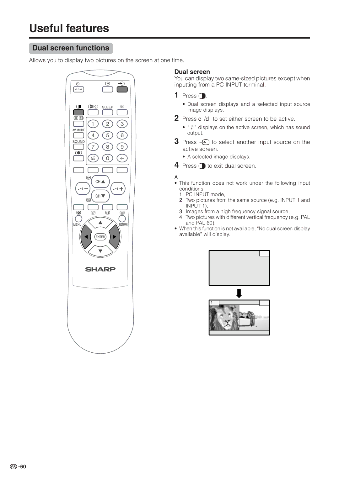 Sharp LC-30HV2M operation manual Useful features, Dual screen functions 