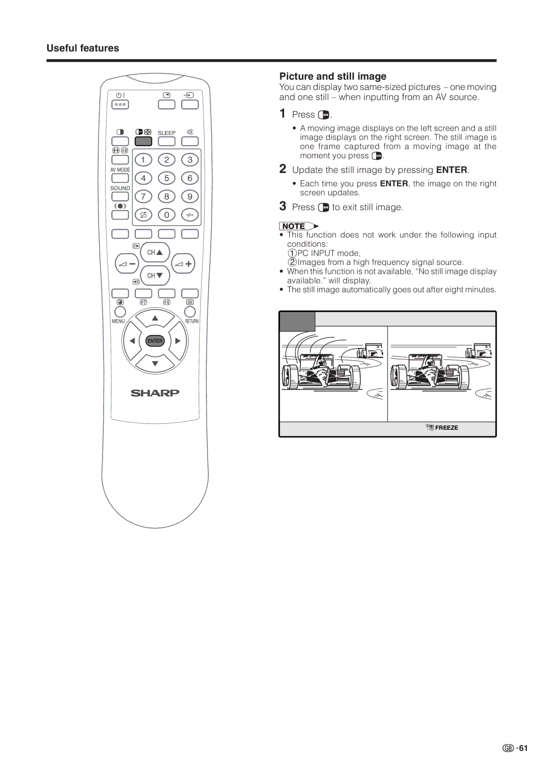 Sharp LC-30HV2M operation manual Useful features Picture and still image, Update the still image by pressing Enter 