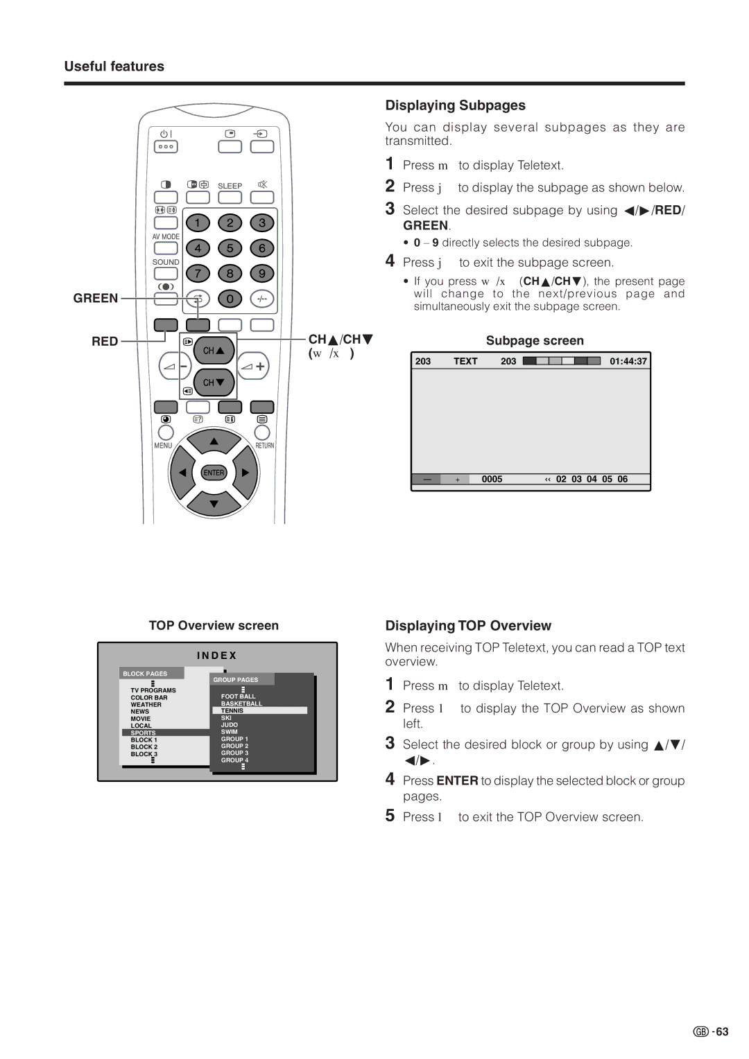 Sharp LC-30HV2M operation manual Useful features, Displaying Subpages, Displaying TOP Overview 