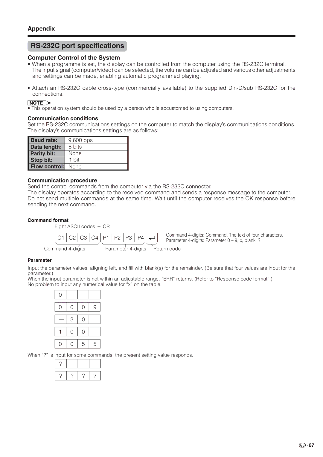 Sharp LC-30HV2M RS-232C port specifications, Computer Control of the System, Communication conditions, Command format 