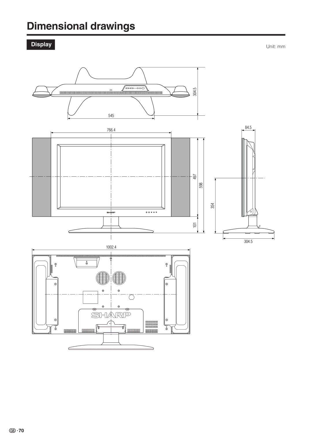 Sharp LC-30HV2M operation manual Dimensional drawings, Display 