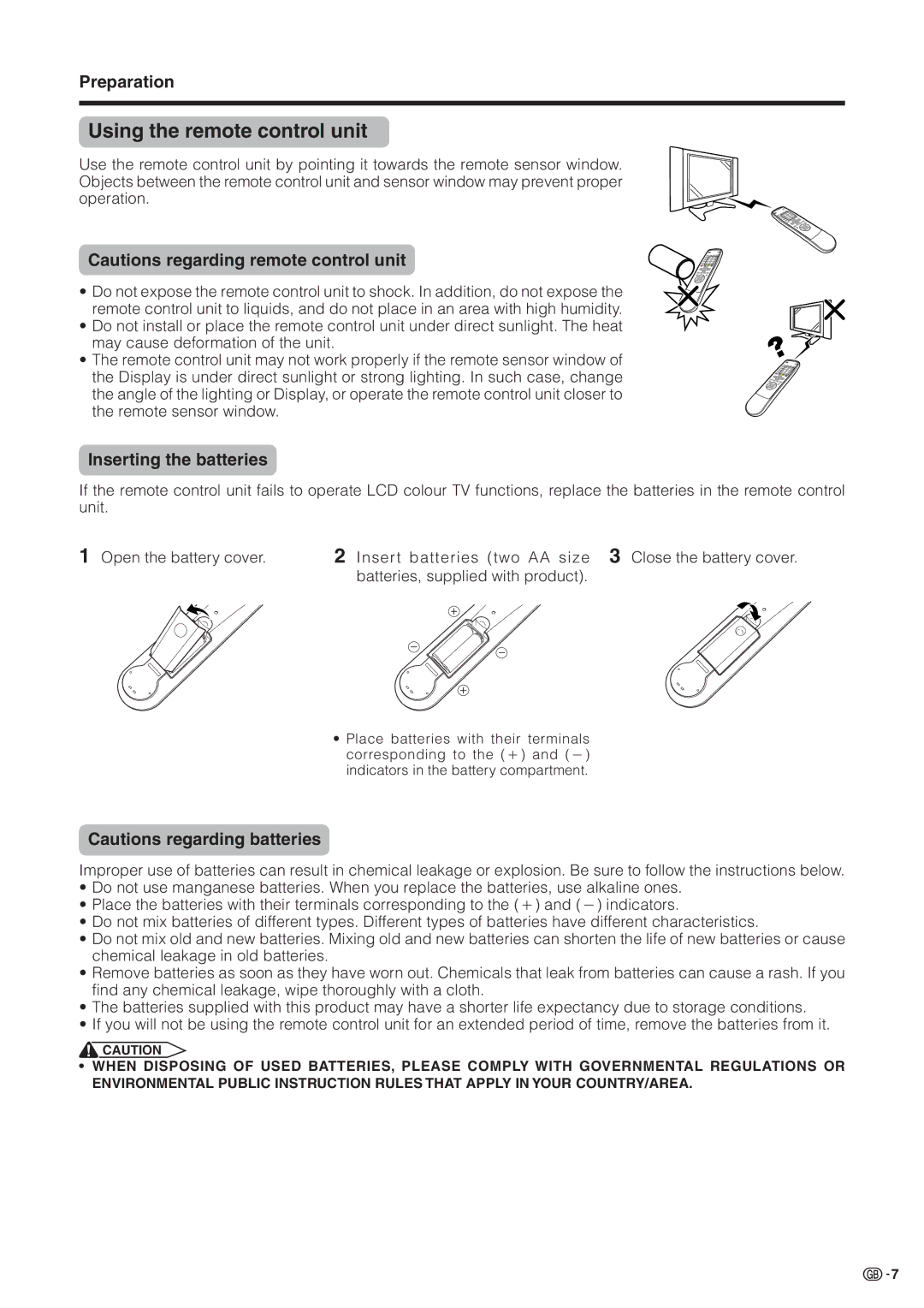 Sharp LC-30HV2M operation manual Using the remote control unit, Inserting the batteries 