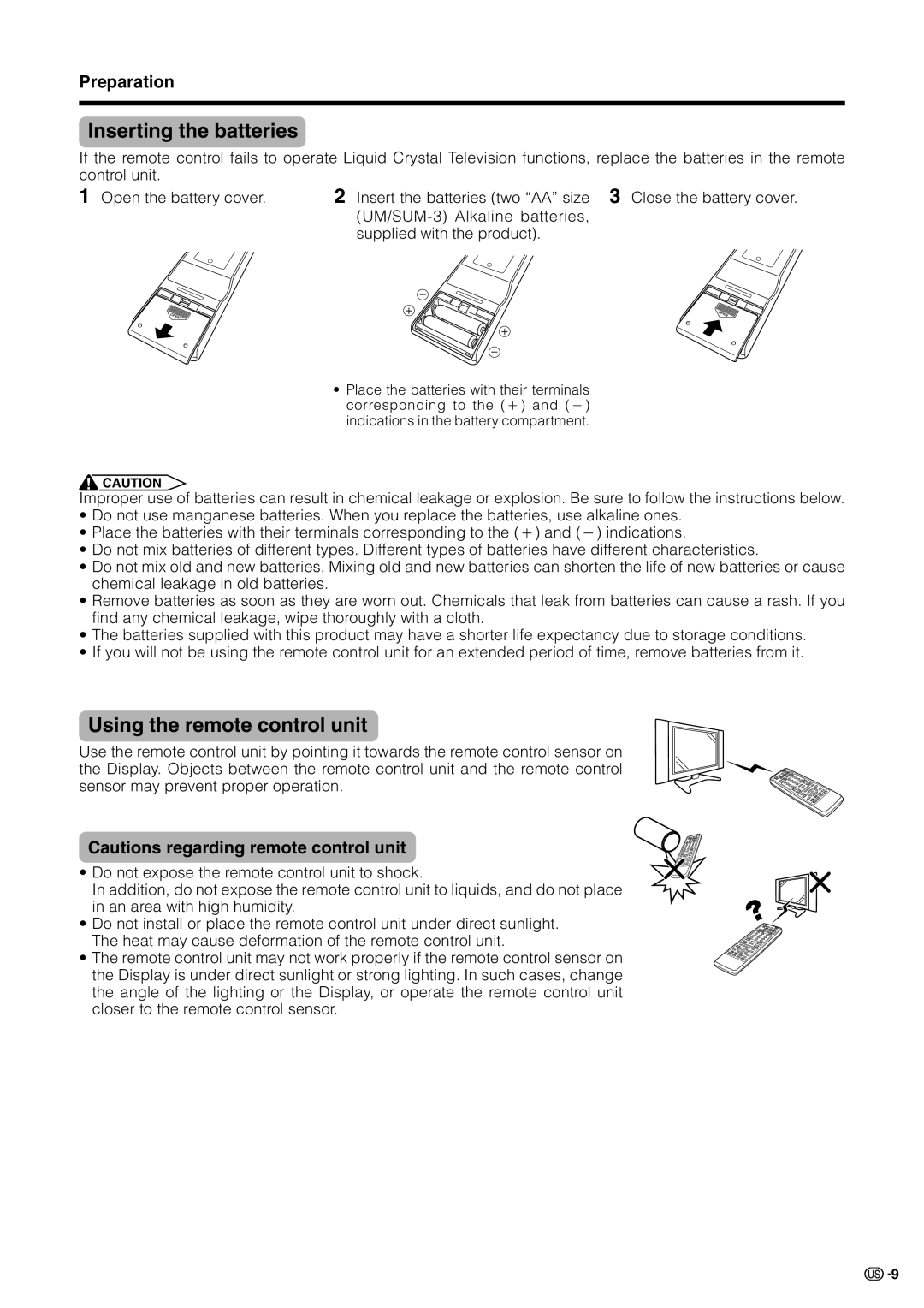 Sharp LC 30HV2U operation manual Inserting the batteries, Using the remote control unit, Preparation 