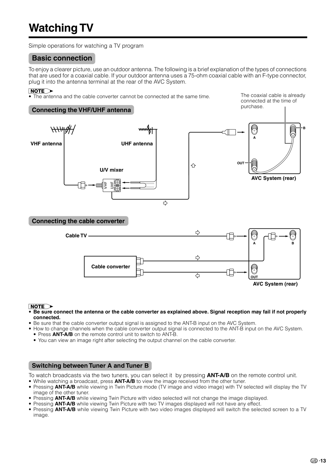 Sharp LC 30HV2U Watching TV, Basic connection, Connecting the VHF/UHF antenna, Connecting the cable converter 