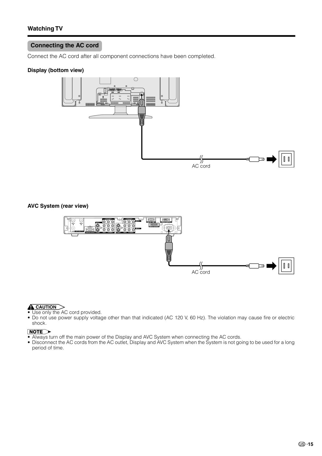 Sharp LC 30HV2U operation manual Watching TV Connecting the AC cord, Display bottom view 