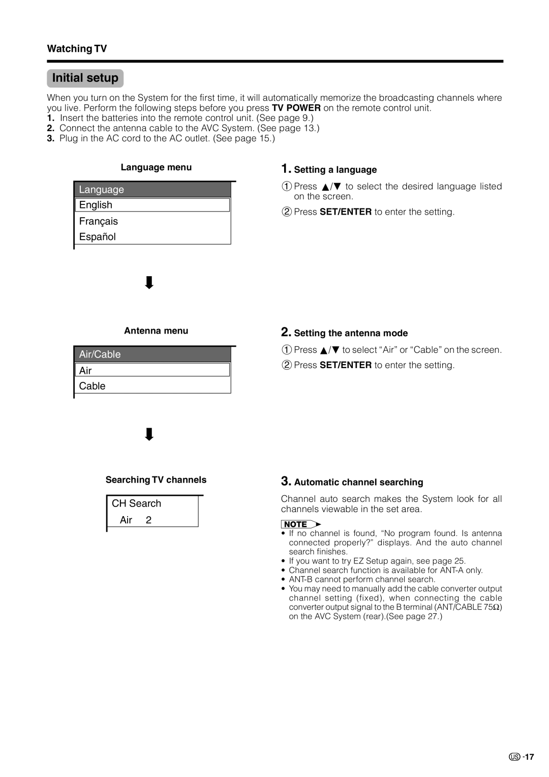 Sharp LC 30HV2U operation manual Initial setup 