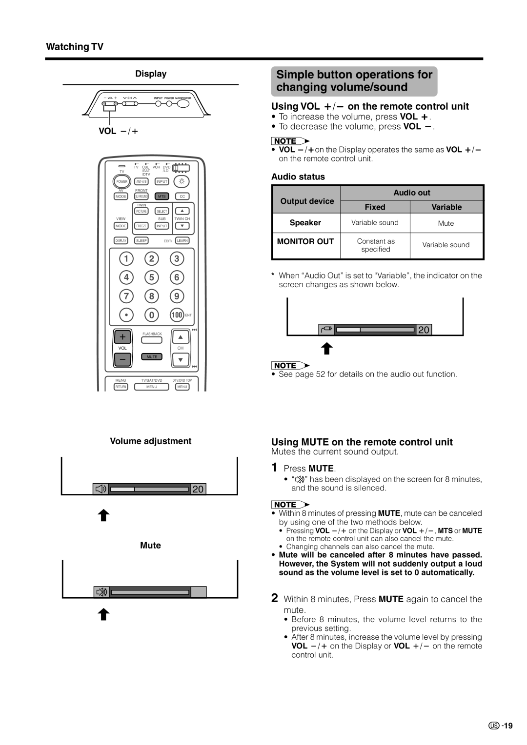 Sharp LC 30HV2U Simple button operations for changing volume/sound, Using VOL k/lon the remote control unit 