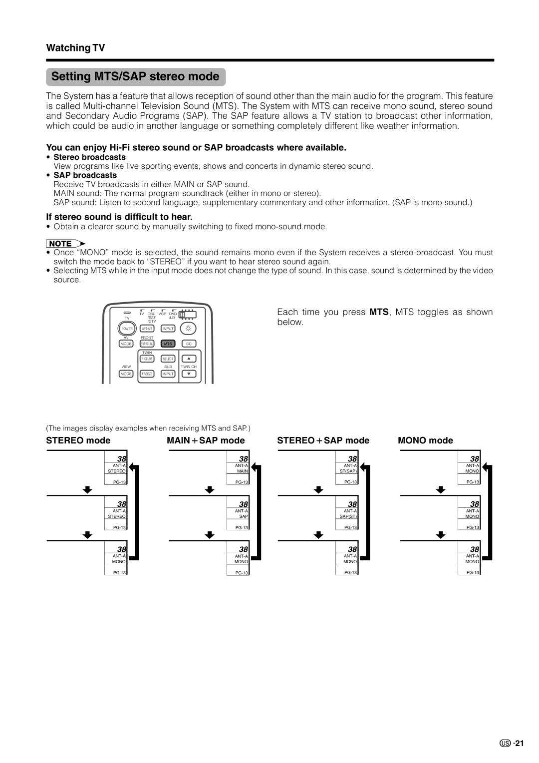 Sharp LC 30HV2U Setting MTS/SAP stereo mode, If stereo sound is difficult to hear, Stereo mode, MAINkSAP mode 