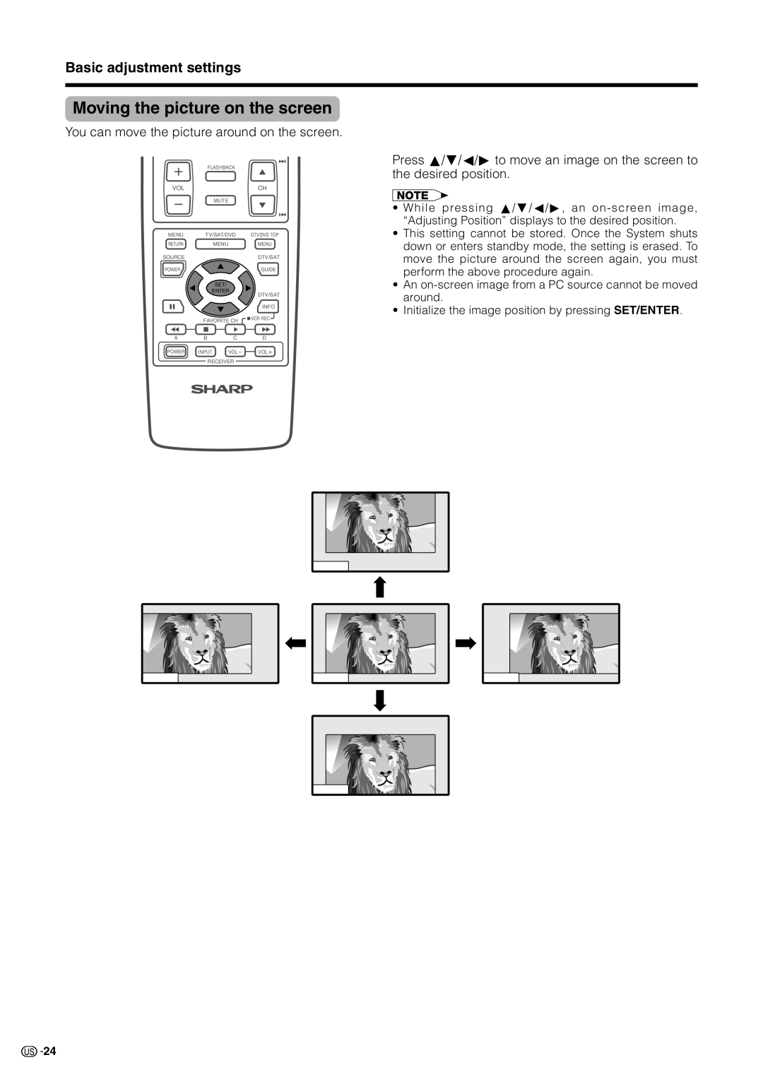 Sharp LC 30HV2U operation manual Moving the picture on the screen, You can move the picture around on the screen 