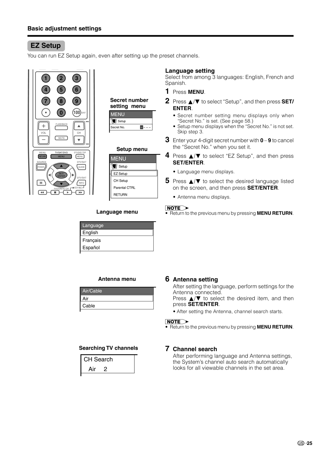 Sharp LC 30HV2U operation manual EZ Setup, Language setting, Antenna setting, Channel search 