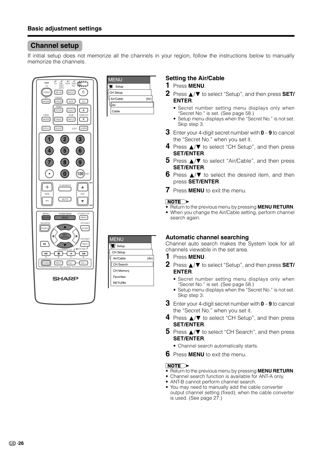 Sharp LC 30HV2U Channel setup, Setting the Air/Cable, Automatic channel searching, Channel search automatically starts 