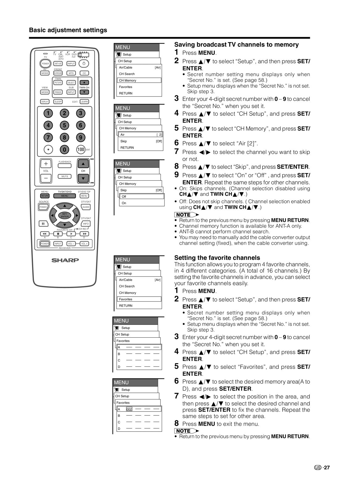 Sharp LC 30HV2U operation manual Saving broadcast TV channels to memory, Setting the favorite channels 