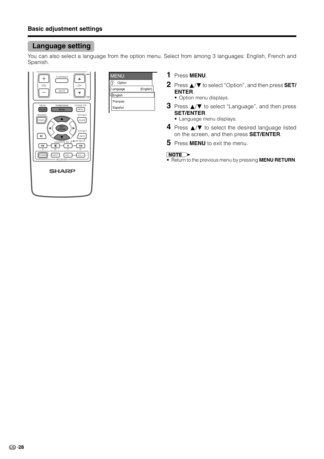 Sharp LC 30HV2U operation manual Language setting, Option menu displays 